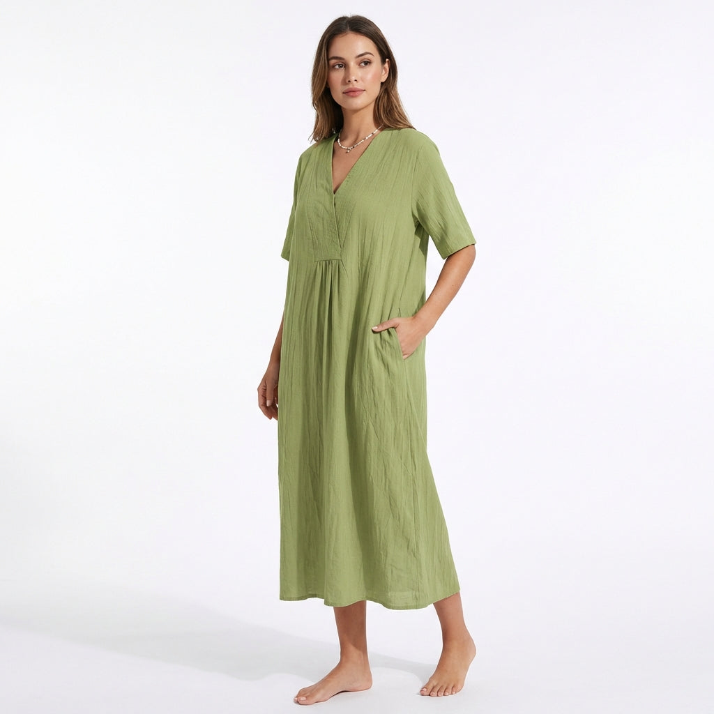 Relaxed Linen V-Neck Midi Dress