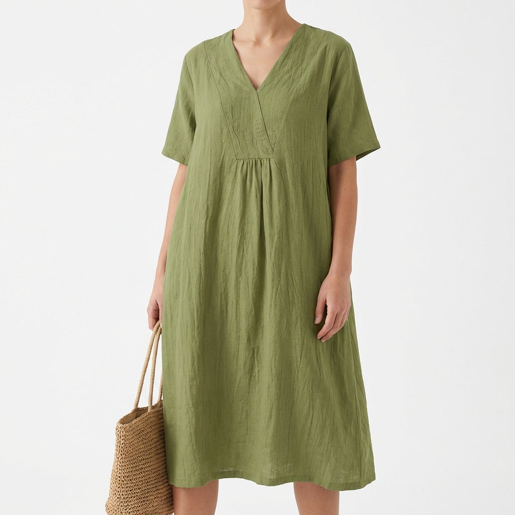 Relaxed Linen V-Neck Midi Dress