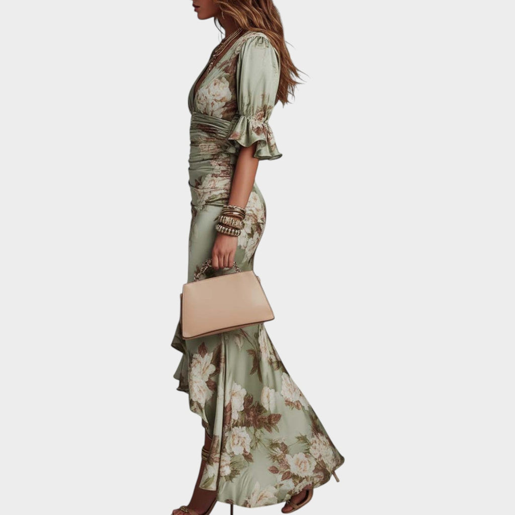 Fleur Floral Satin Maxi Dress in Sage Green by Aurelia Sun