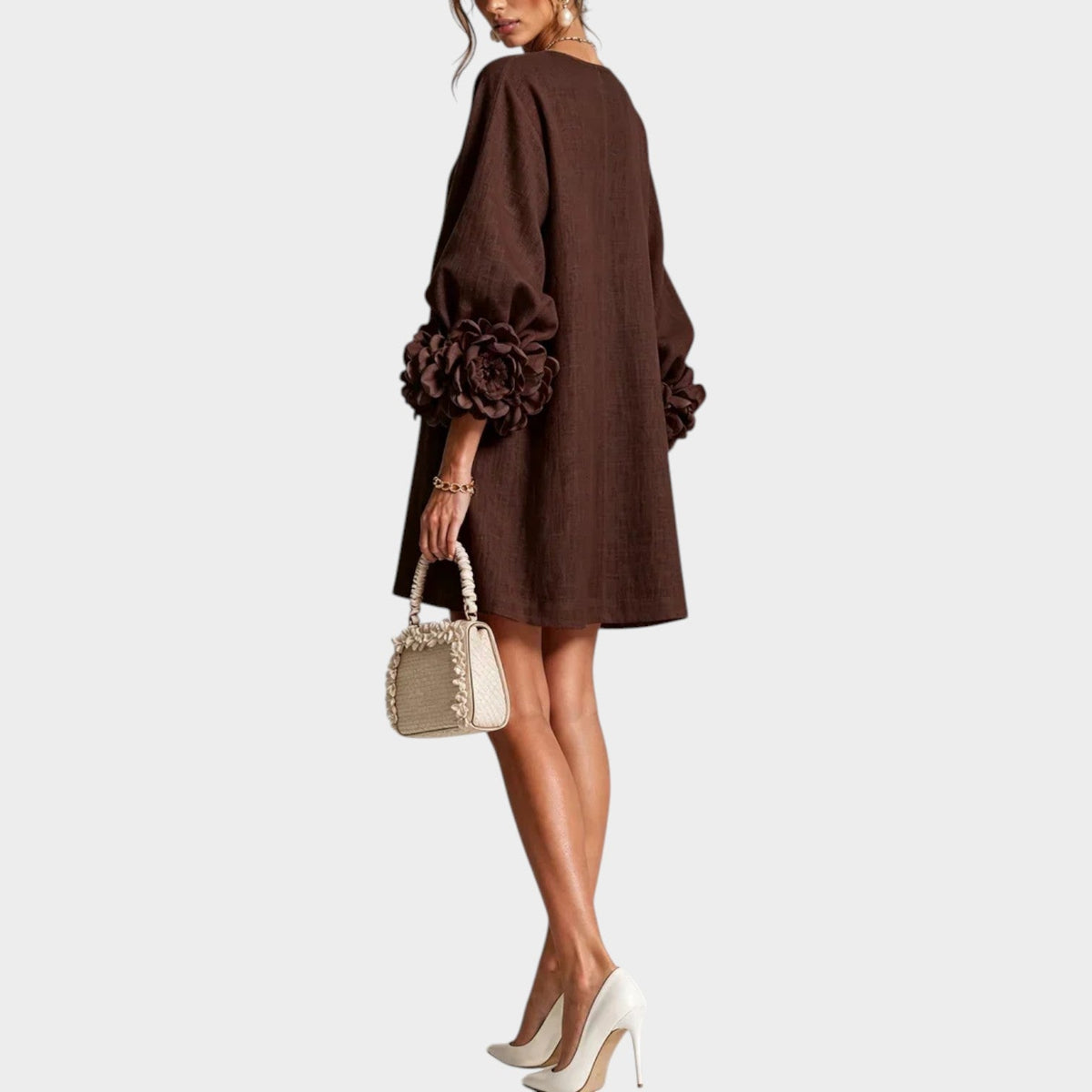 Meadow Floral-Sleeve Mini Dress with Bag in Olive Green by Aurelia Sun