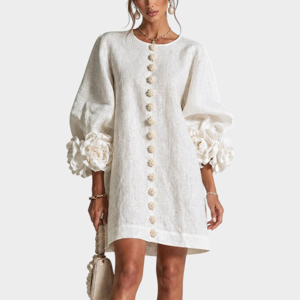 Meadow Floral-Sleeve Mini Dress with Bag in White by Aurelia Sun