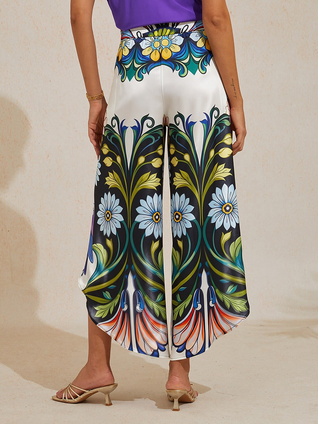 Hawaii Palm Satin Wrap Wide-Leg Pants in Peacock Purple by Aurelia Sun