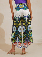 Hawaii Palm Satin Wrap Wide-Leg Pants in Peacock Purple by Aurelia Sun