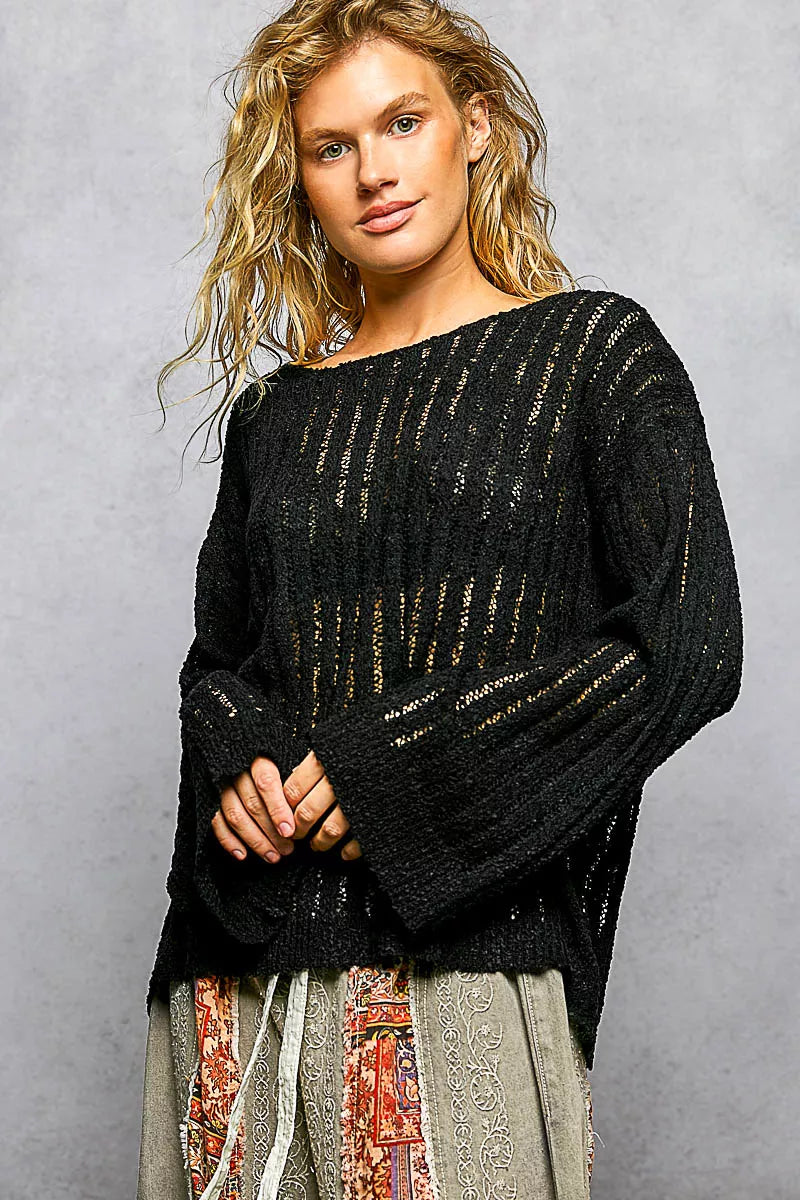 Women's Open-Weave Knit Sweater – Black