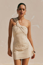 One-Shoulder Cotton Mini Dress — Beige