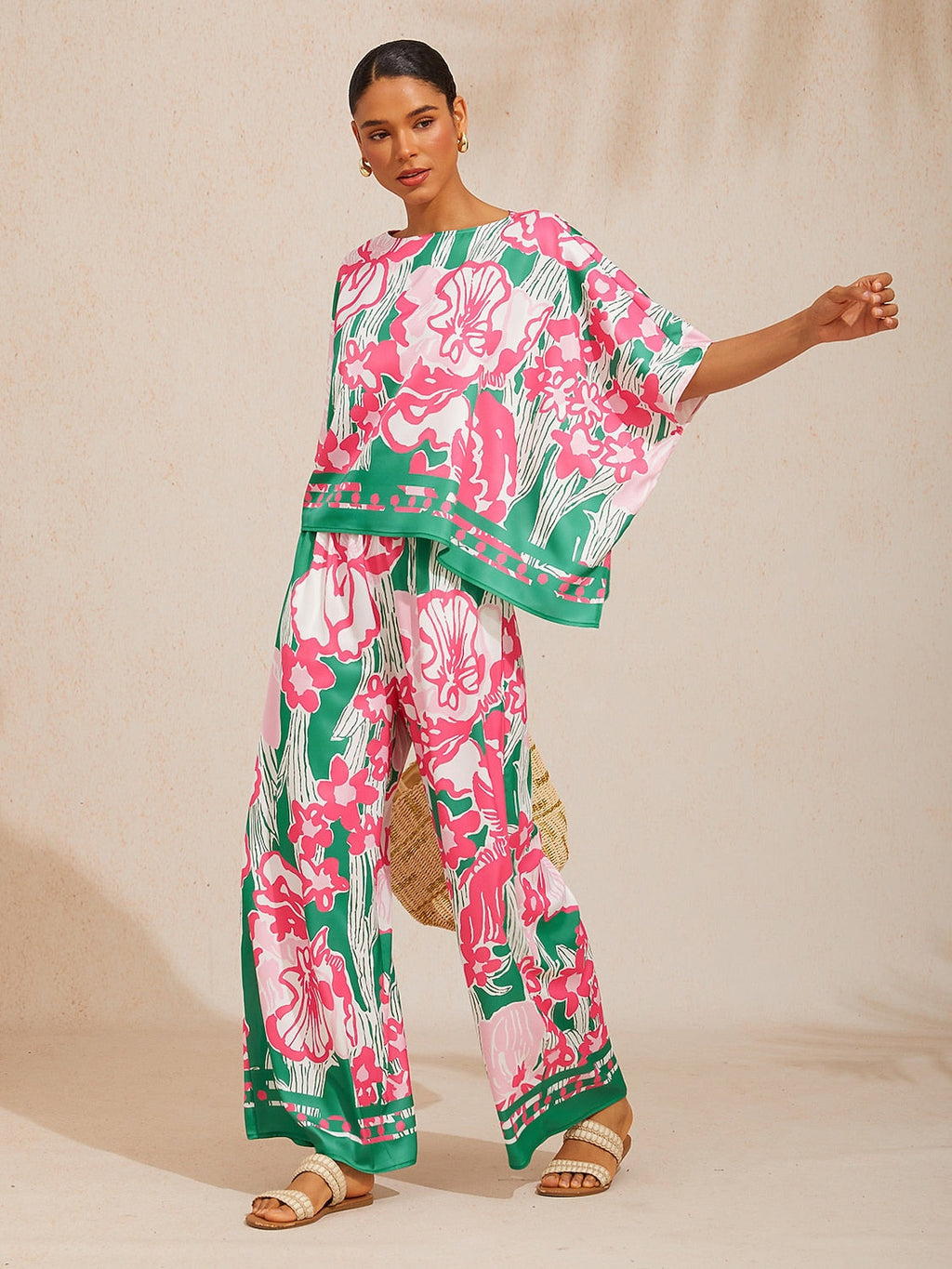 Hibiscus Satin Wide-Leg Pants in Midnight Blue by Aurelia Sun