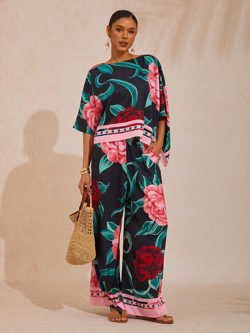 Bell Flower Satin Wide-Leg Pants in Black Pink by Aurelia Sun