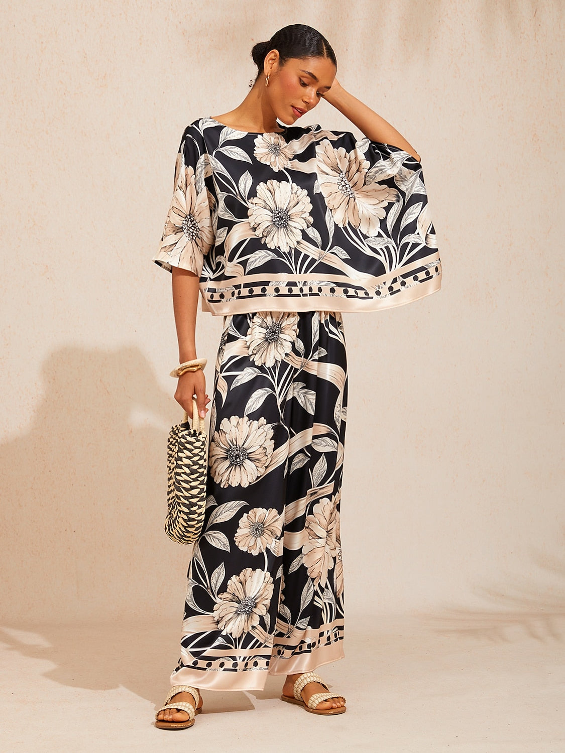 Bell Flower Satin Wide-Leg Pants in Hot Pink by Aurelia Sun