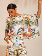 Bell Flower Satin Batwing Top in Dark Blue by Aurelia Sun