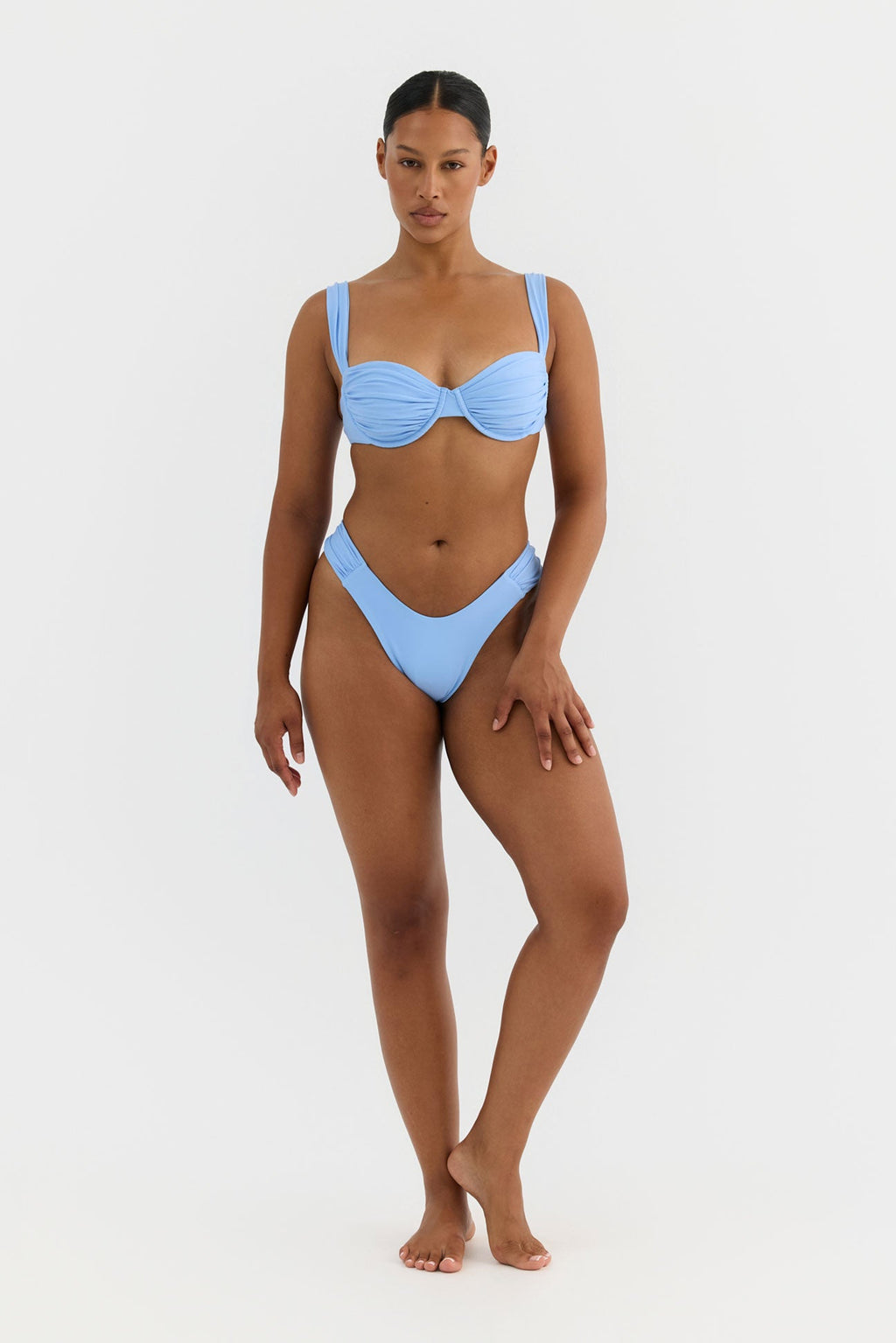 Isla Ruched High-Cut Bikini Bottom – Soft Blue – Soft Blue