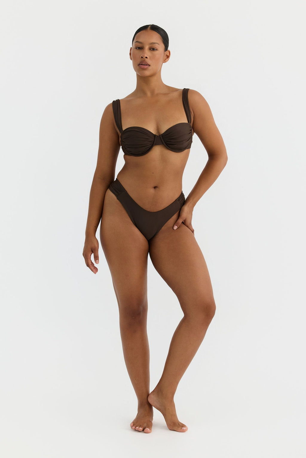 Isla Ruched High-Cut Bikini Bottom – Chocolate – Chocolate