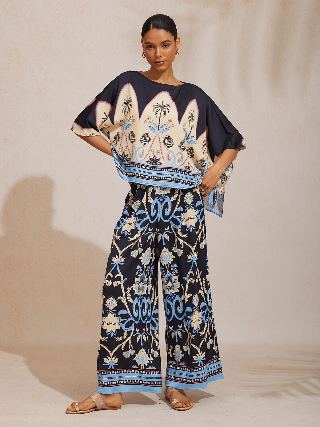 Hibiscus Satin Wide-Leg Pants in Midnight Blue by Aurelia Sun