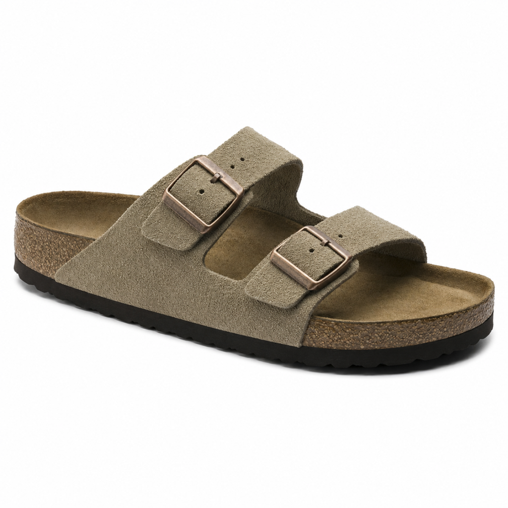 Taupe Suede Double-Strap Footbed Sandals