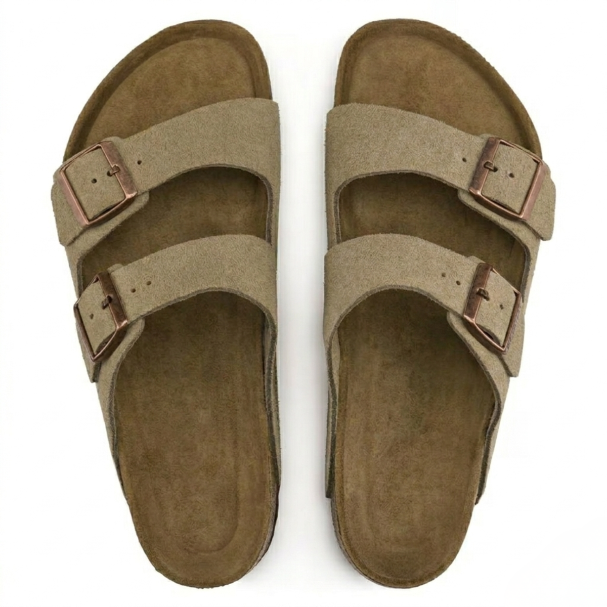 Taupe Suede Double-Strap Footbed Sandals