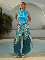 Hawaii Palm Satin Wrap Wide-Leg Pants in Green by Aurelia Sun