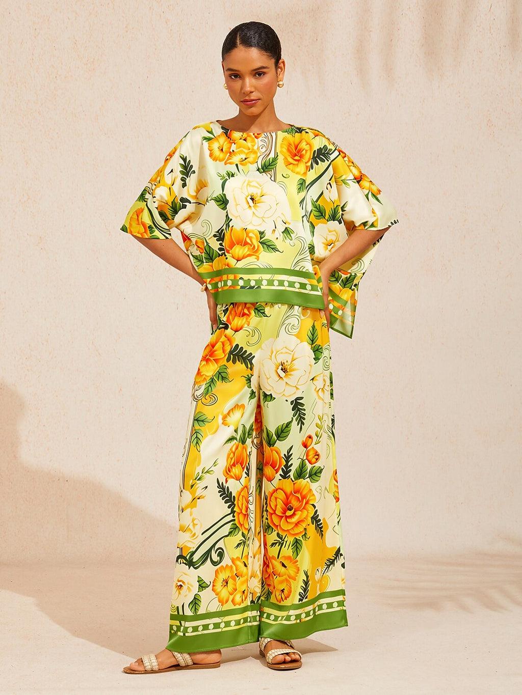 Bell Flower Satin Wide-Leg Pants in Golden Yellow by Aurelia Sun
