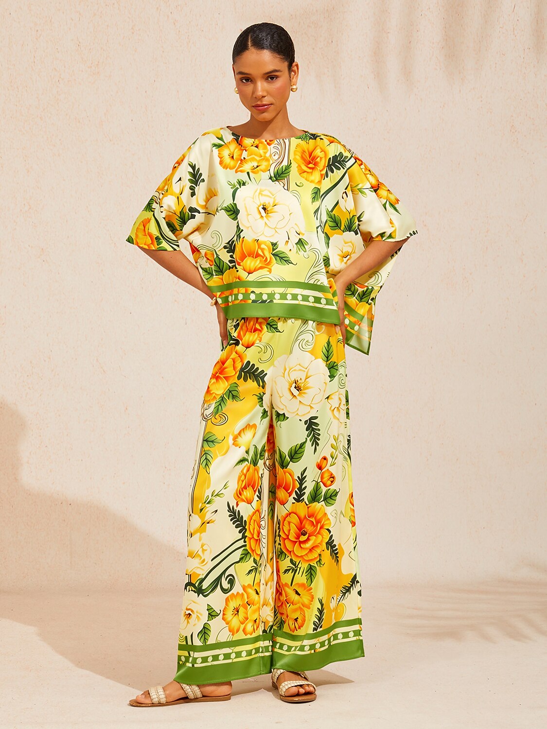 Bell Flower Satin Wide-Leg Pants in Golden Yellow by Aurelia Sun