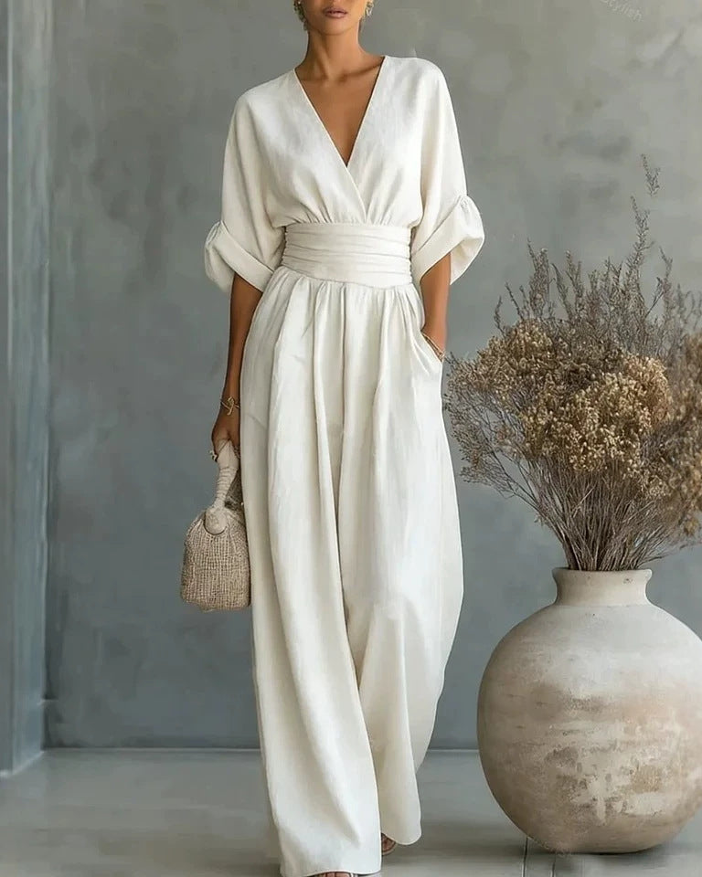 Women's V-Neck Wide-Leg Jumpsuit – White