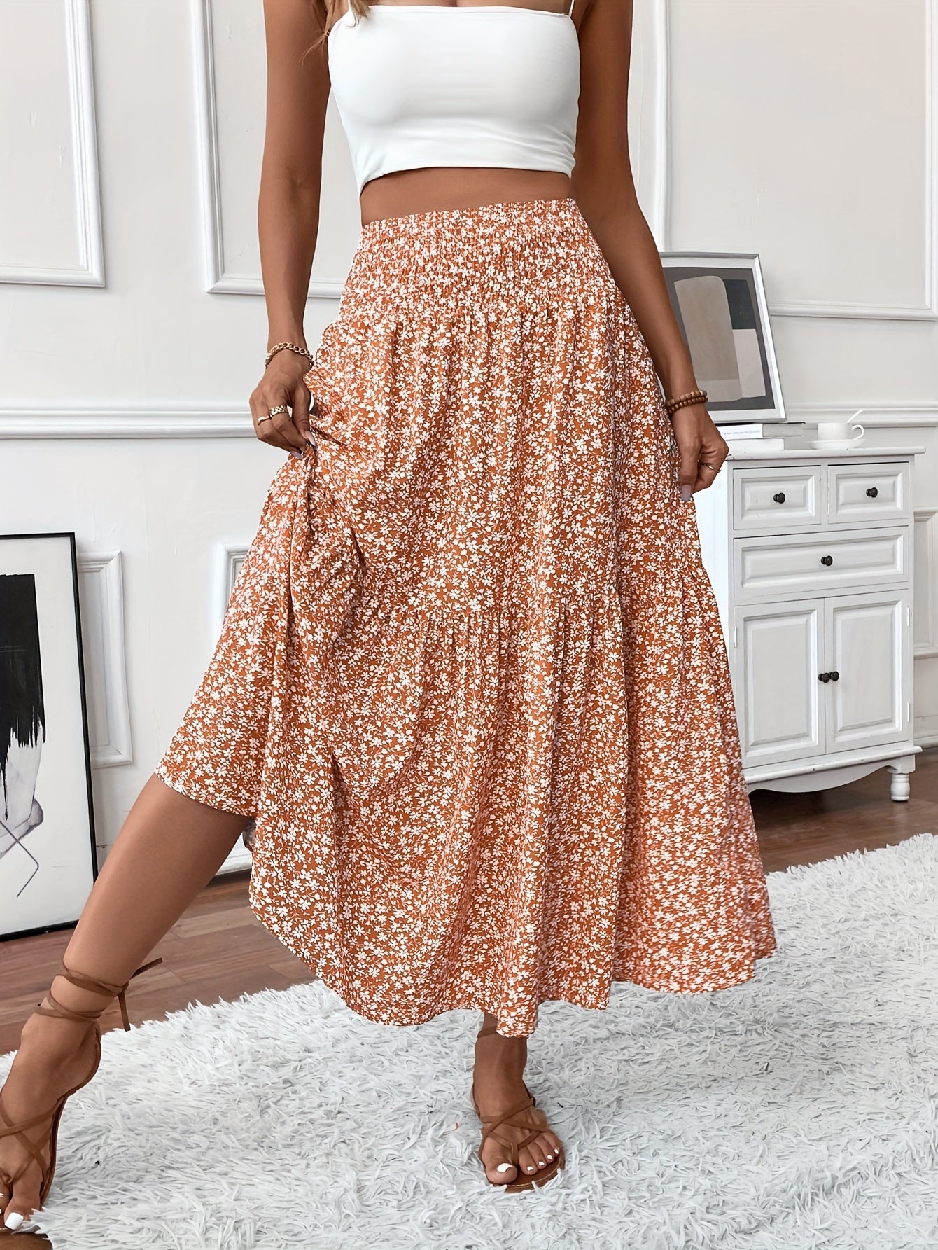 Elena Ditsy Floral Midi Skirt – Black