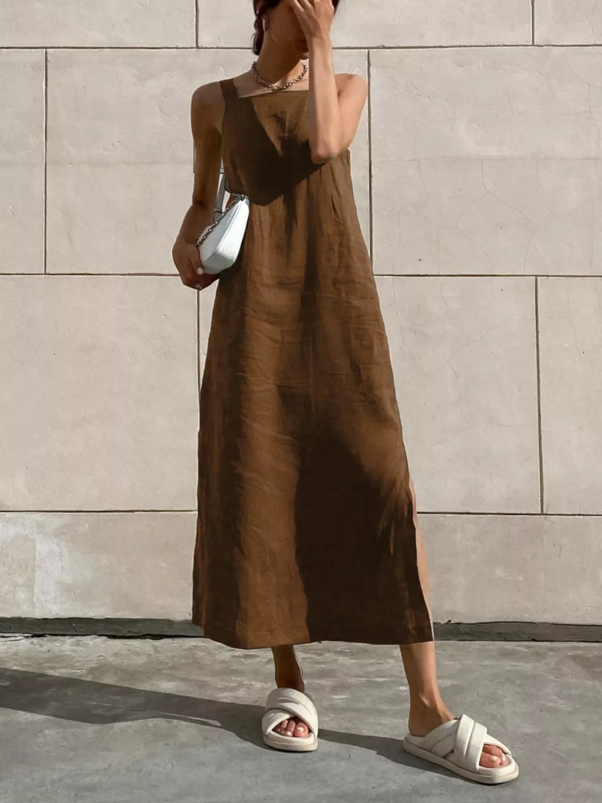 Women's Cotton Linen Side-Slit Midi Dress