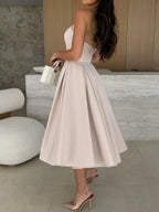 Women's Strapless Ruched Midi Dress – Beige