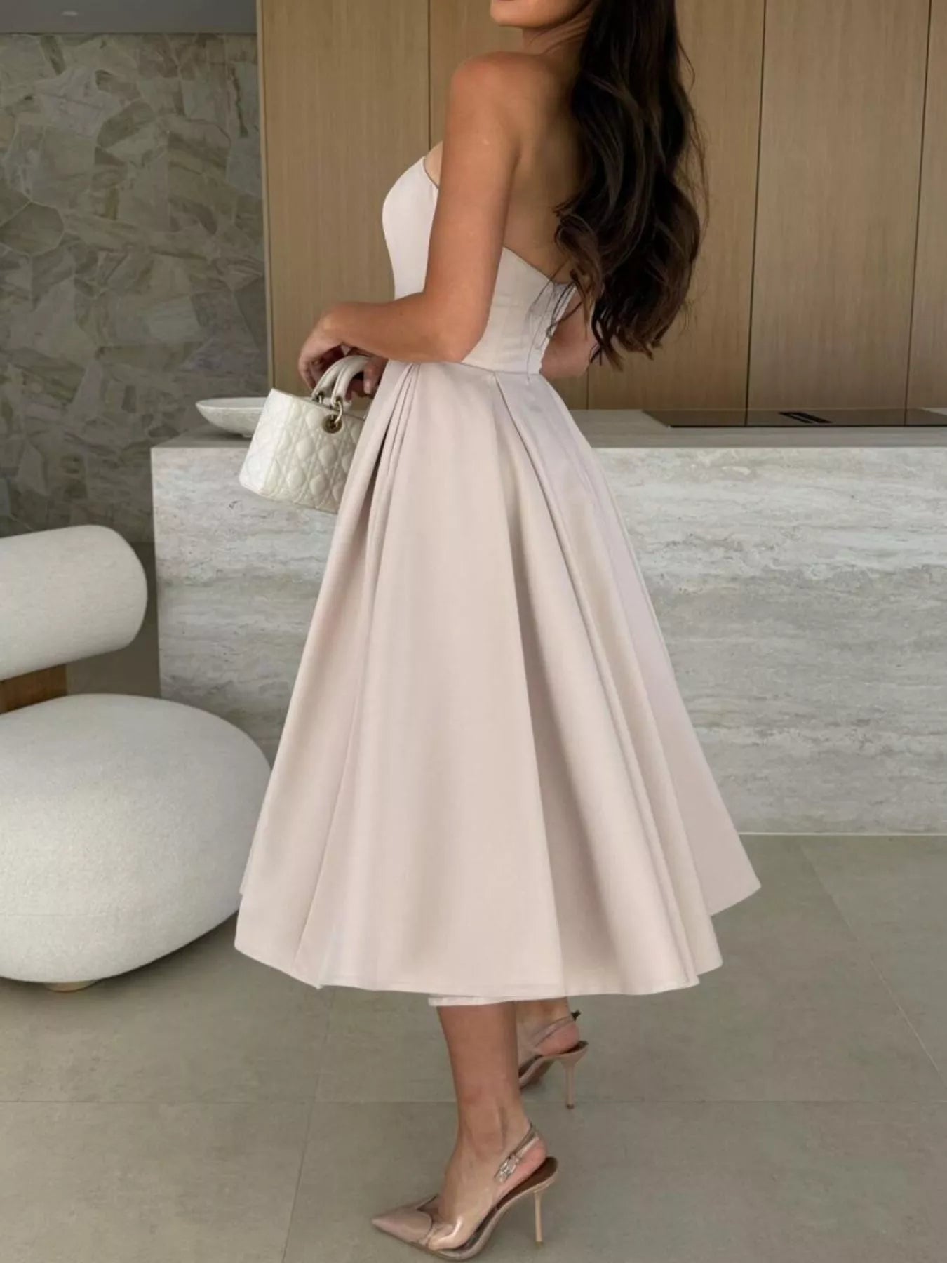 Women's Strapless Ruched Midi Dress – Beige