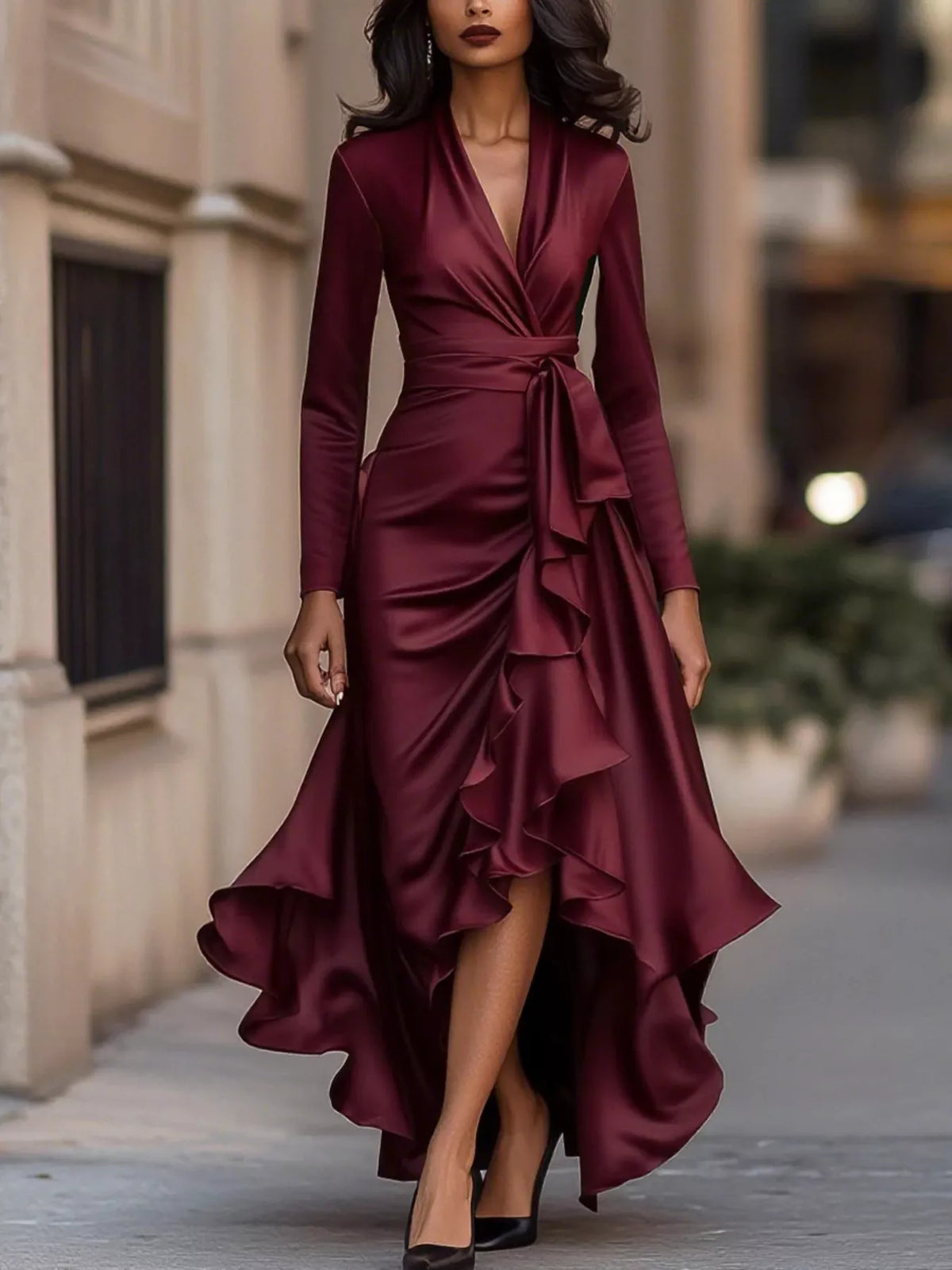 Women's Wrap Midi Dress with Ruffle Hem – Beige