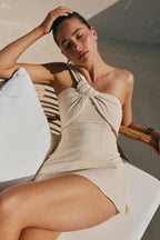 One-Shoulder Cotton Mini Dress — Beige