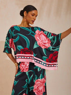 Bell Flower Satin Batwing Top in Black Pink by Aurelia Sun