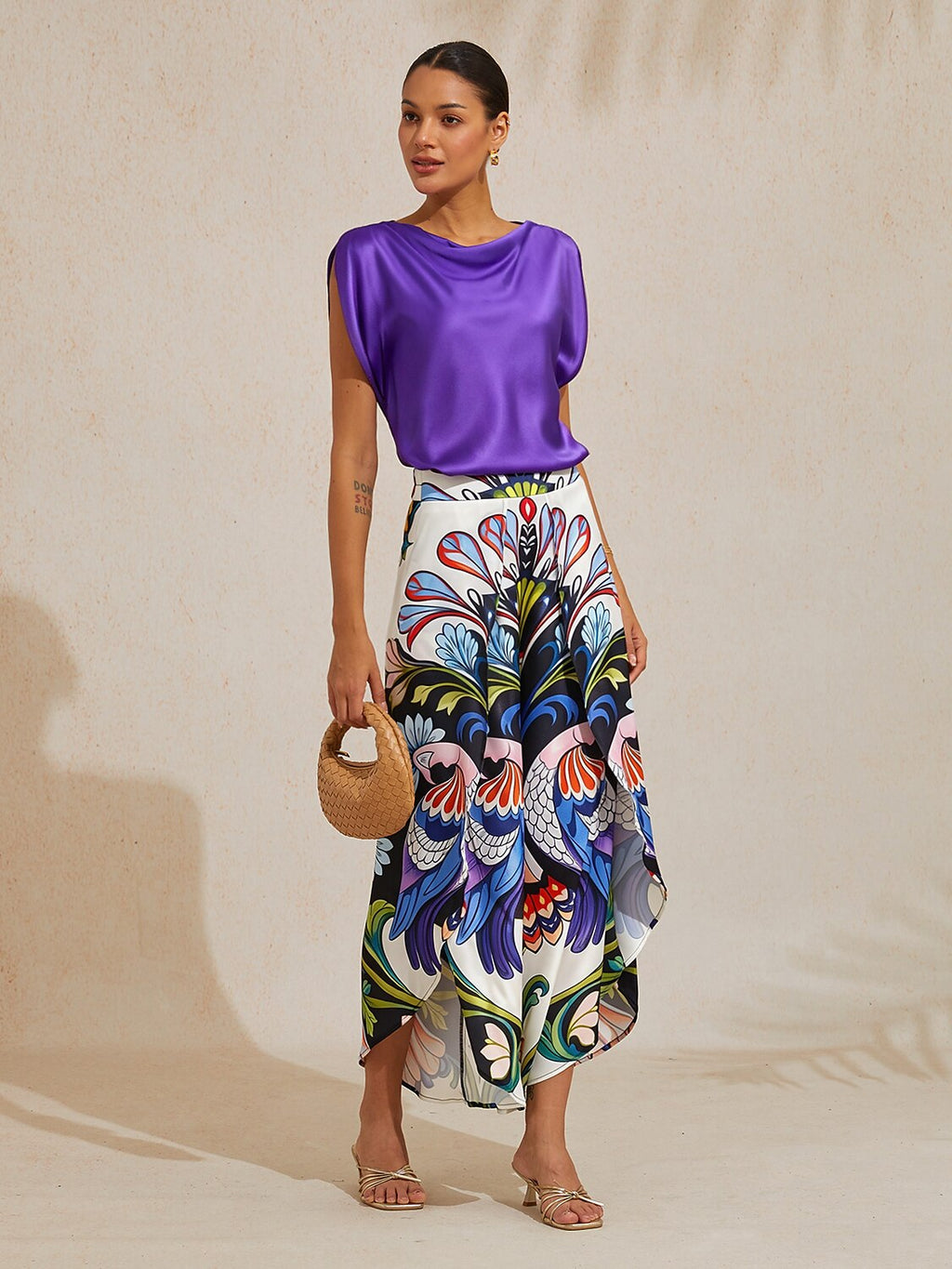 Hawaii Palm Satin Wrap Wide-Leg Pants in Berry Red by Aurelia Sun
