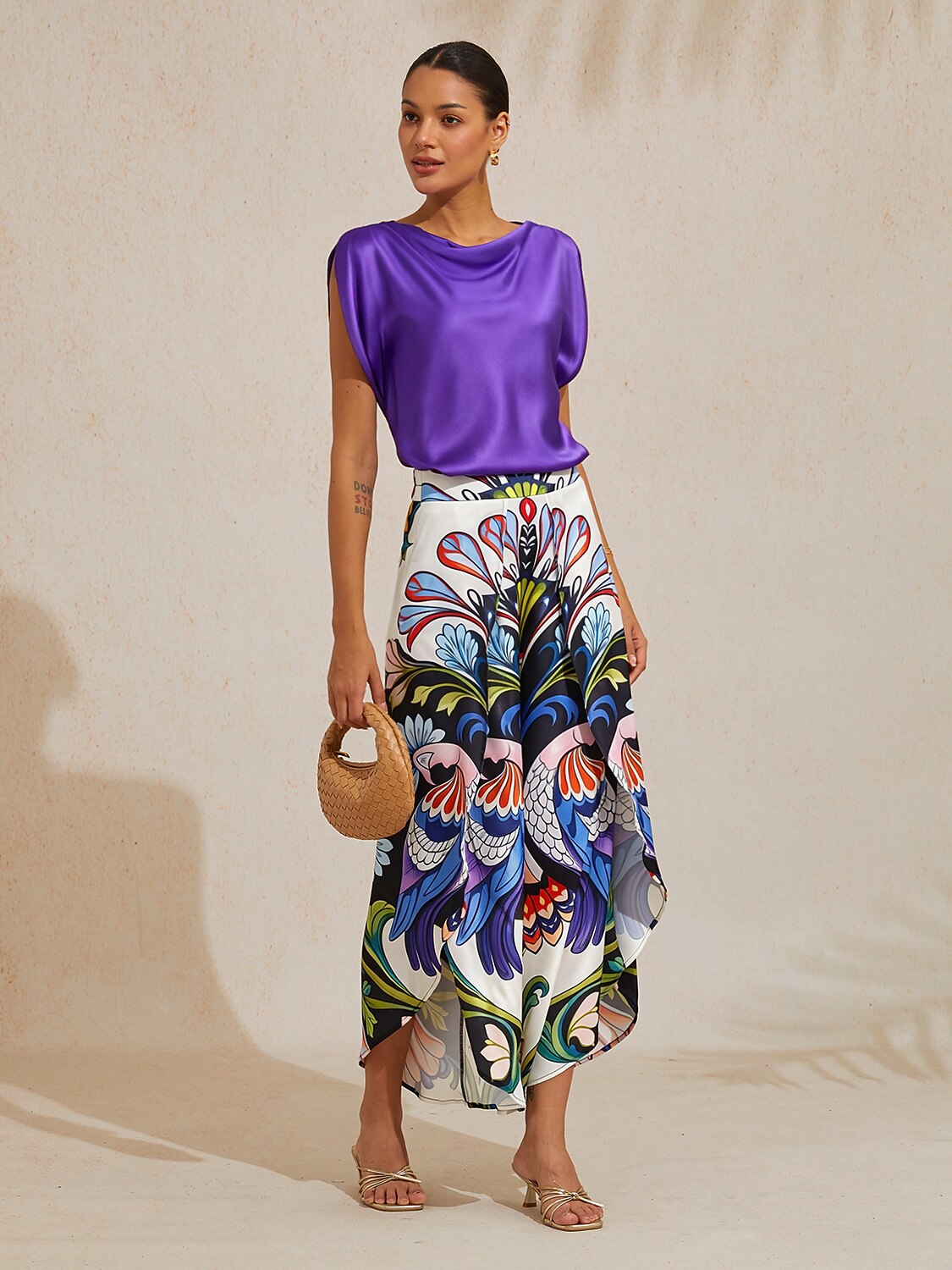 Hawaii Palm Satin Wrap Wide-Leg Pants in Berry Red by Aurelia Sun