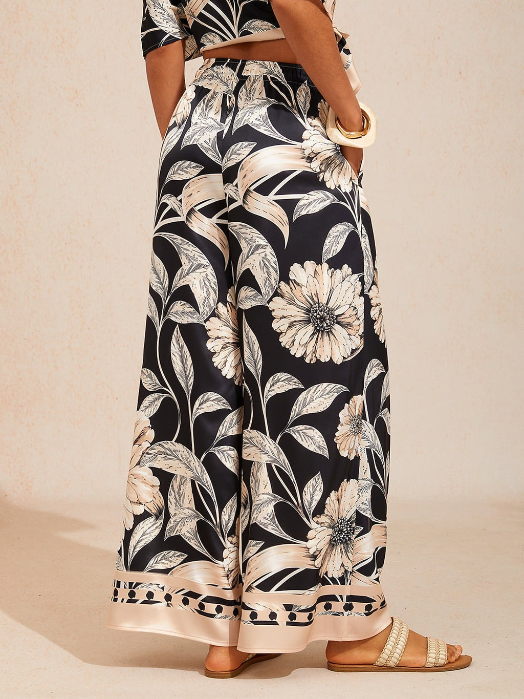 Bell Flower Satin Wide-Leg Pants in Pastel Pink by Aurelia Sun