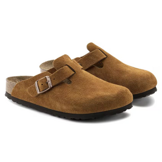 Taupe Suede Buckle Footbed Clogs