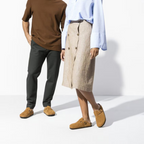 Taupe Suede Buckle Footbed Clogs