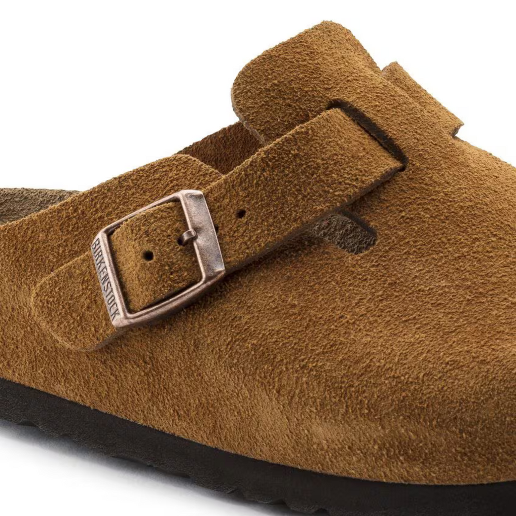 Taupe Suede Buckle Footbed Clogs