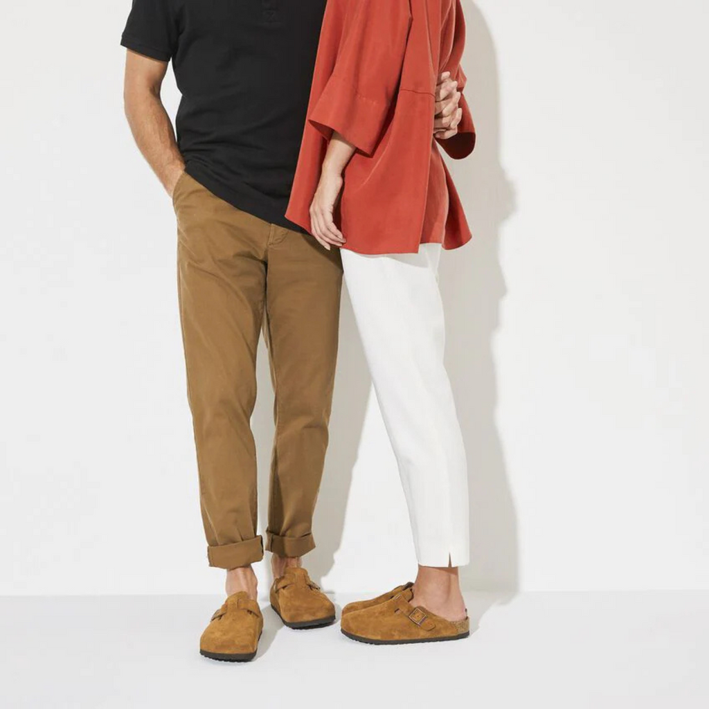 Taupe Suede Buckle Footbed Clogs