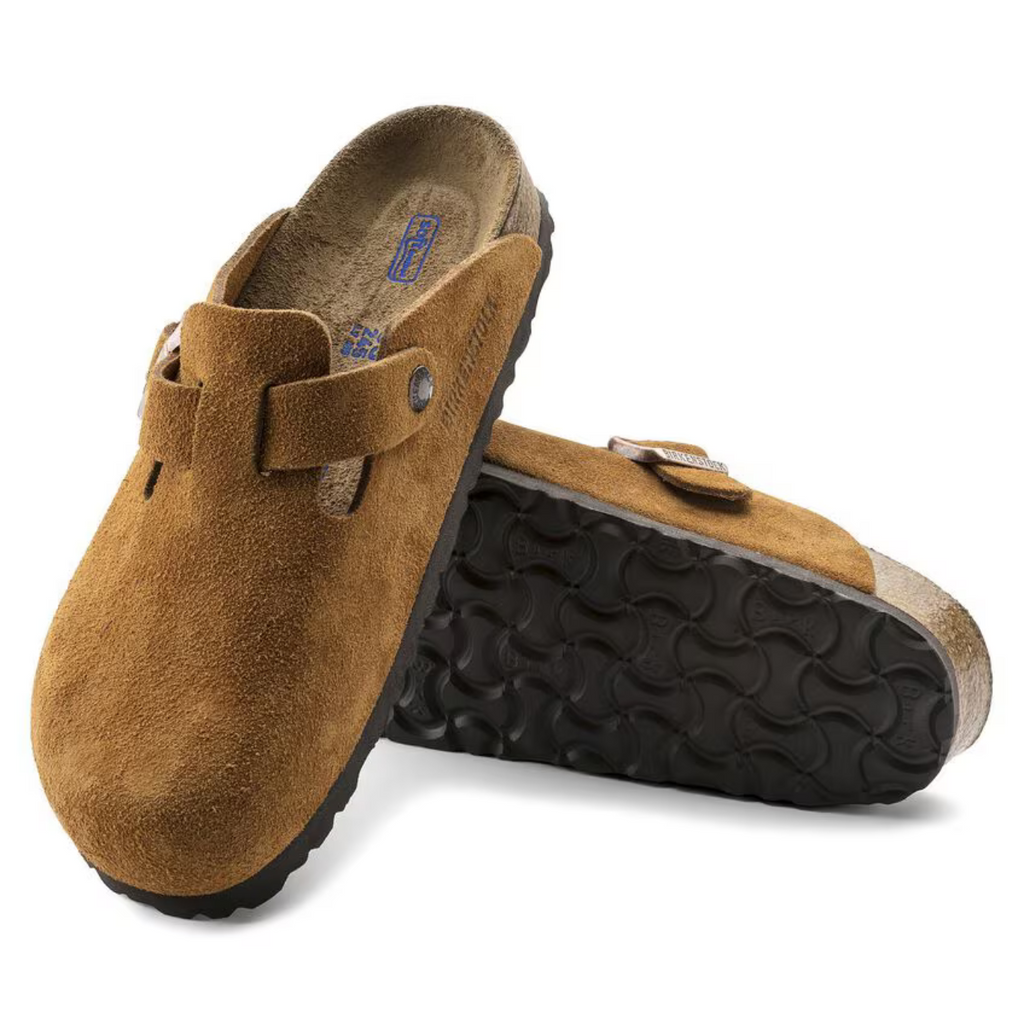 Taupe Suede Buckle Footbed Clogs