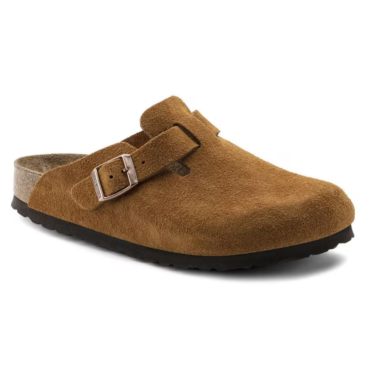 Taupe Suede Buckle Footbed Clogs