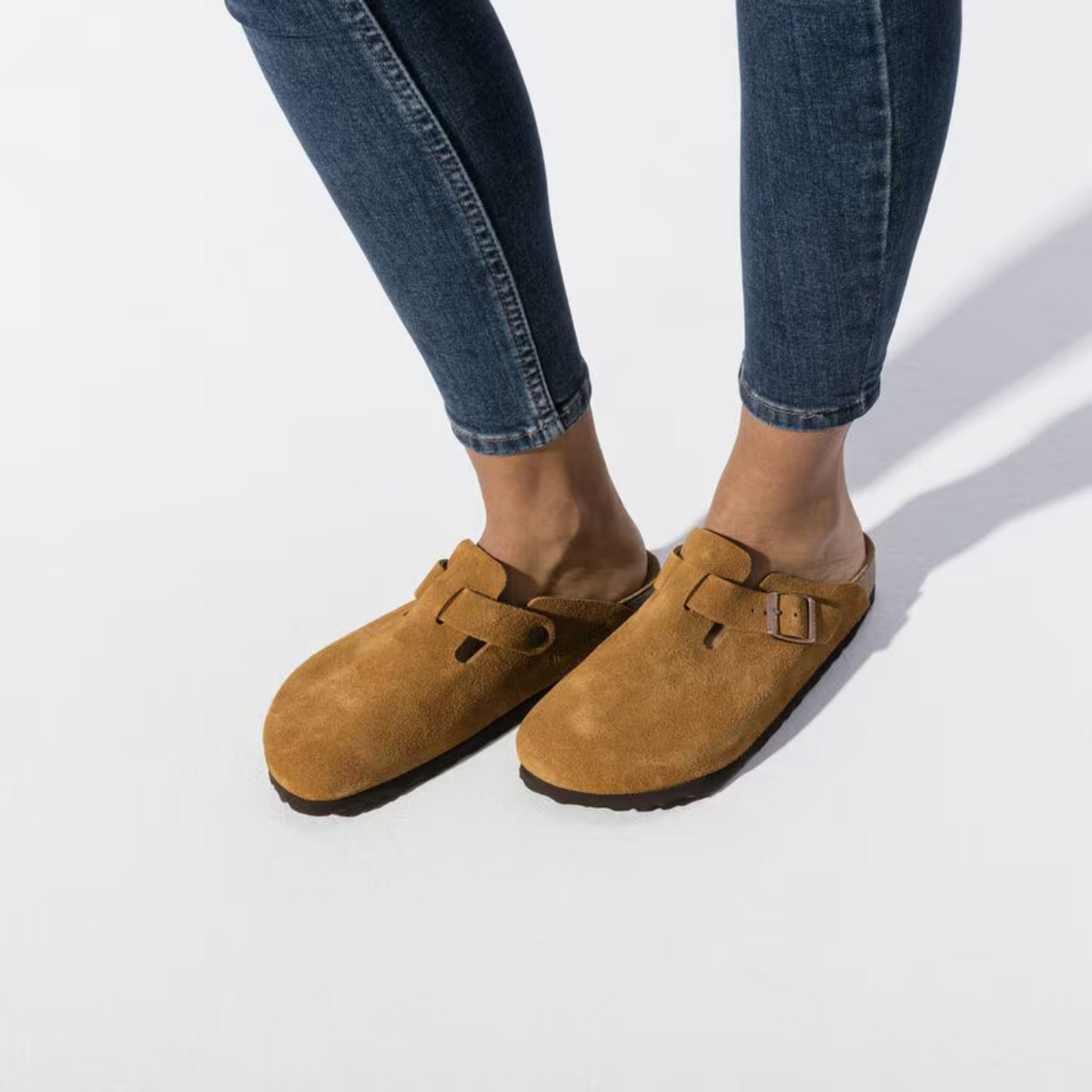 Taupe Suede Buckle Footbed Clogs