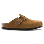 Taupe Suede Buckle Footbed Clogs