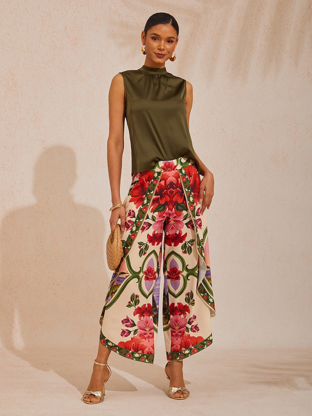 Hawaii Palm Satin Wrap Wide-Leg Pants in Rose Red by Aurelia Sun