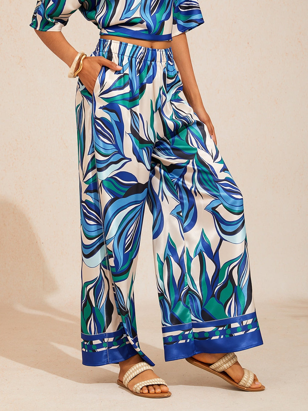 Hibiscus Satin Wide-Leg Pants in Sky Blue by Aurelia Sun