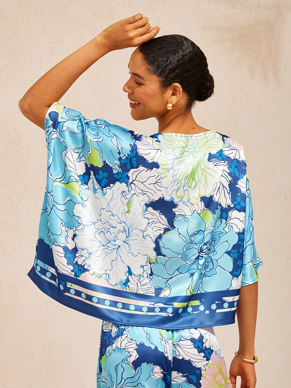 Golden Petal Satin Batwing Top in Dark Blue by Aurelia Sun