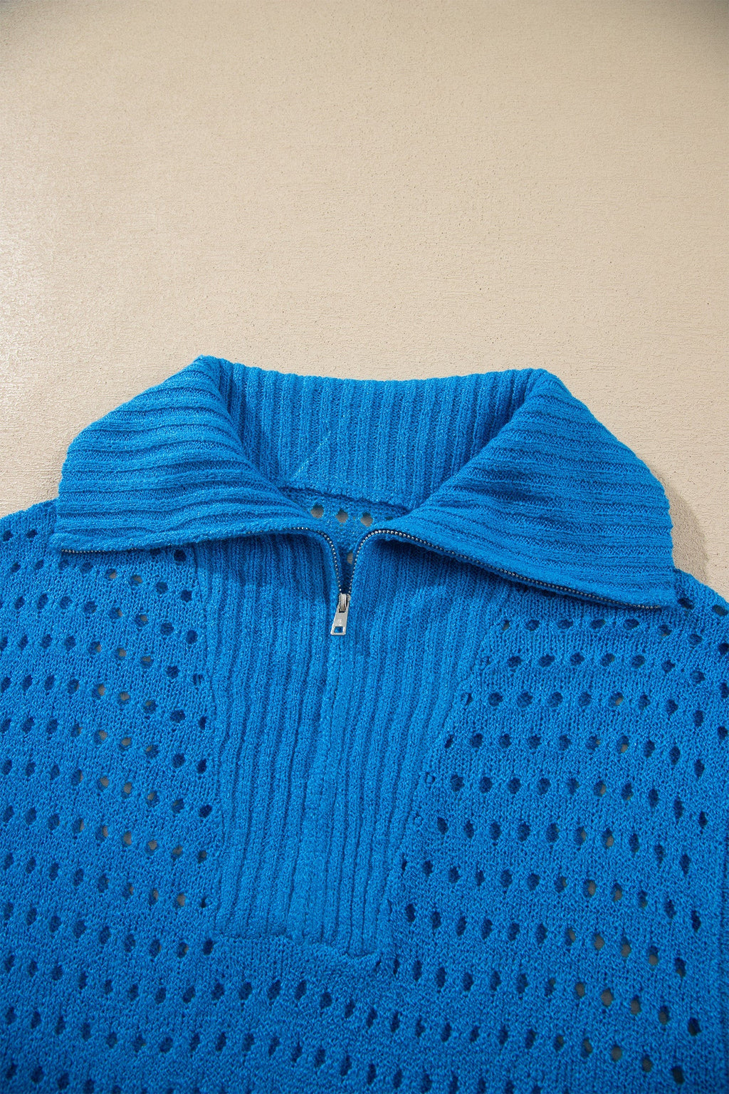 Women's Zip-Collar Knit Short-Sleeve Top – Light Blue