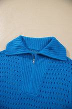 Women's Zip-Collar Knit Short-Sleeve Top – Light Blue