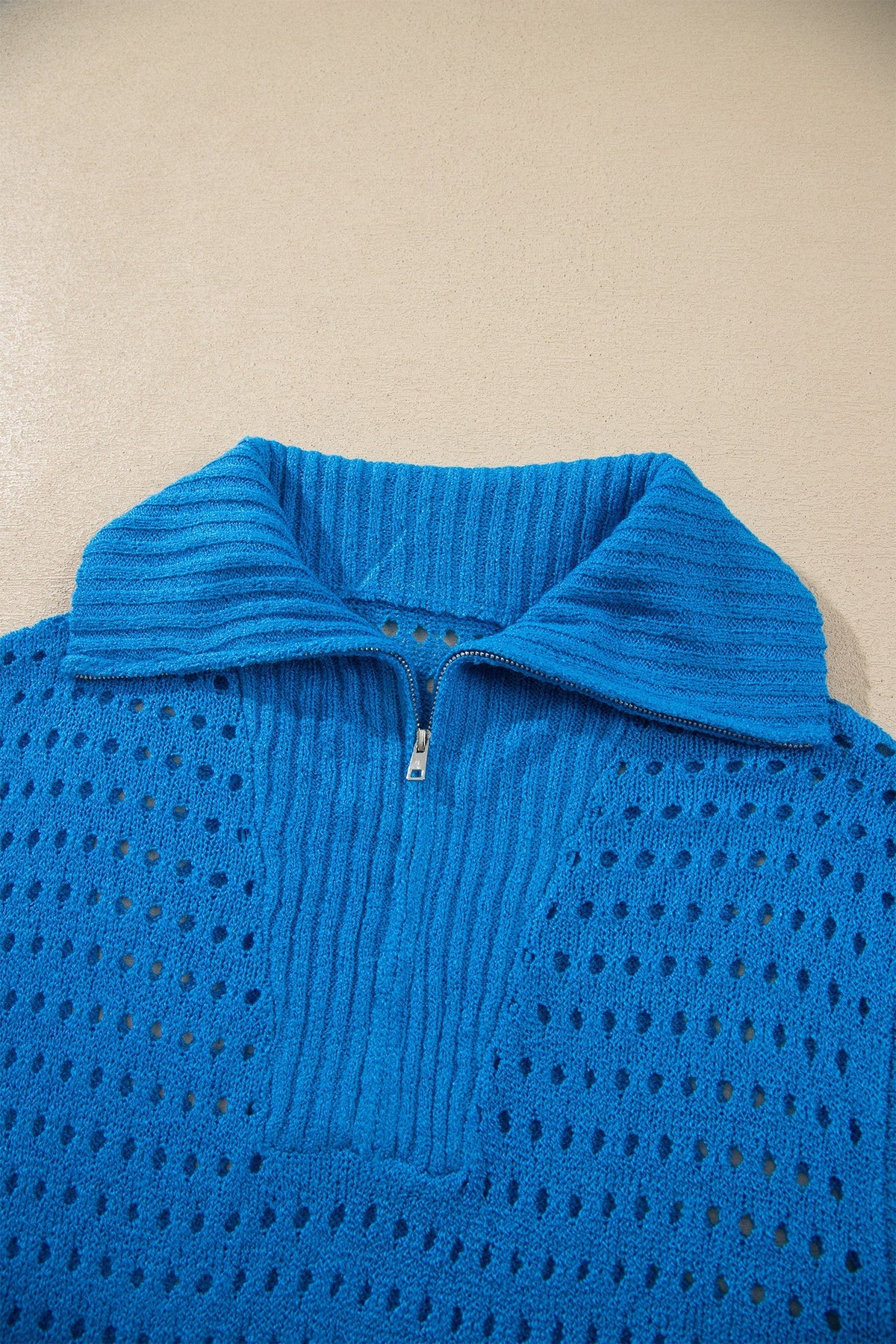 Women's Zip-Collar Knit Short-Sleeve Top – Light Blue