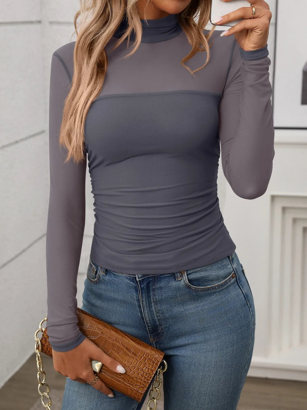 Women's Mock-Neck Long-Sleeve Top – Beige