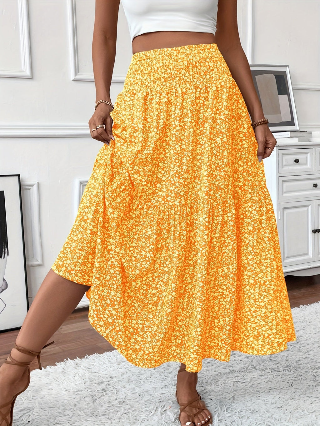 Elena Ditsy Floral Midi Skirt – Orange/Multi