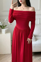 Women's Off-Shoulder Ruched Maxi Dress – Red