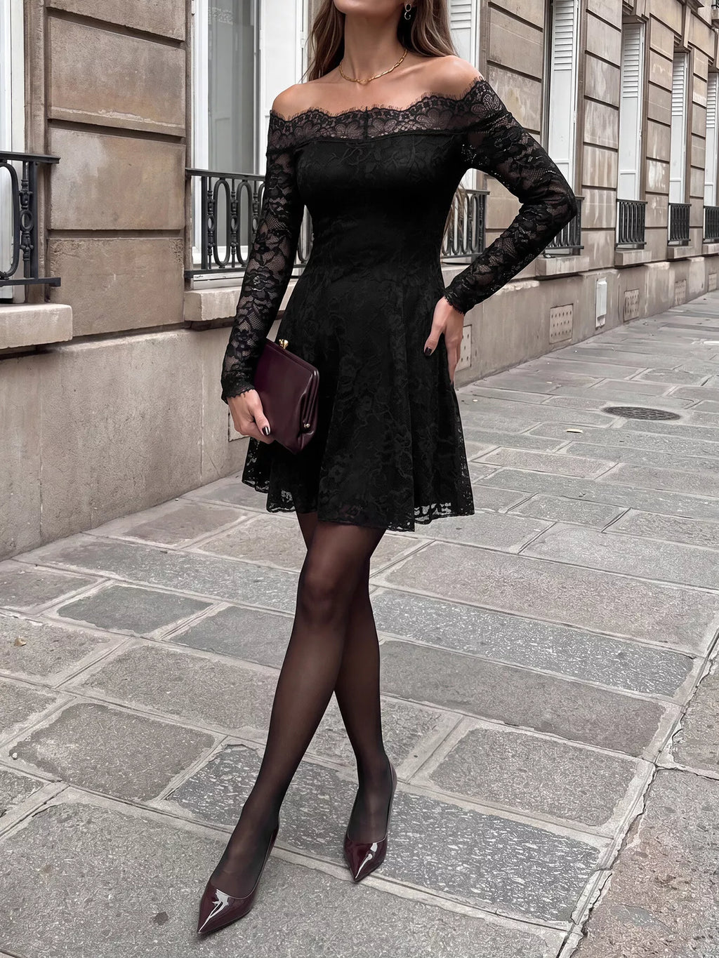 Women's Lace Off-Shoulder Mini Dress – Black